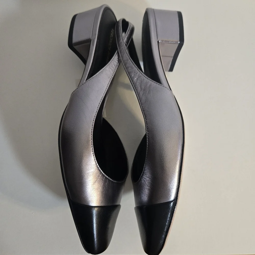 New Veronica Beard Cecile Metallic Silver/Black Leather Slingback Pump 7.5 NWOT